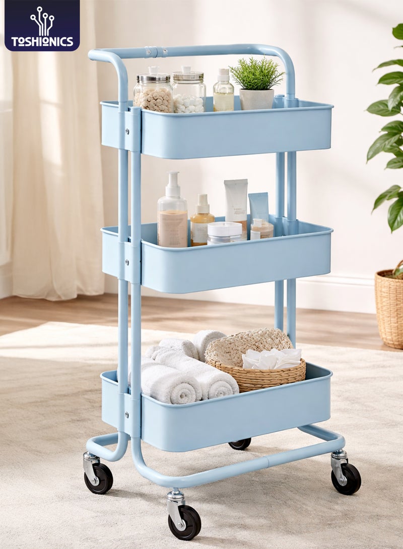 Toshionics 3-Tier Metal Mesh Rolling Utility Cart with Handle & Wheels | Multipurpose Storage Organizer Rack for Kitchen, Bathroom, Office, Home | Mobile Shelving Unit, Space-Saving Storage Trolley (33.5 x 17.5 x 14.5 in) - Image 1